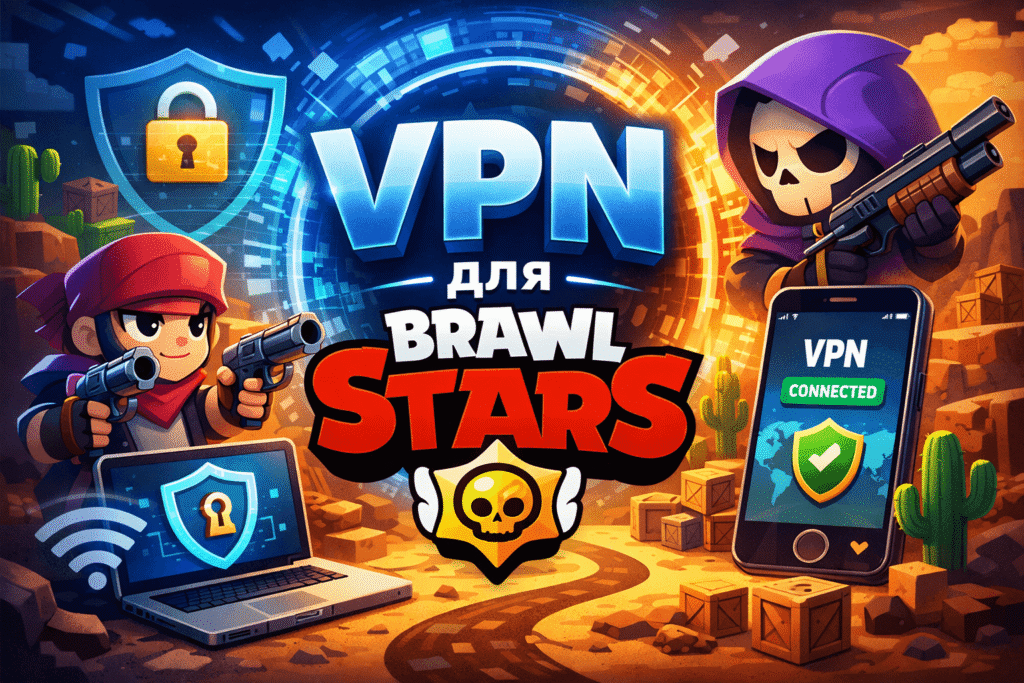 Баннер для статьи про VPN для Brawl Stars: смартфон с VPN, игровые персонажи и защита соединения