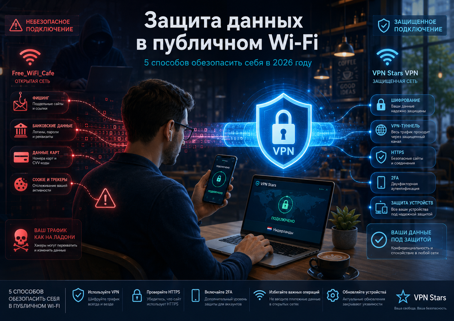 Защита данных WiFi в публичных сетях — инфографика